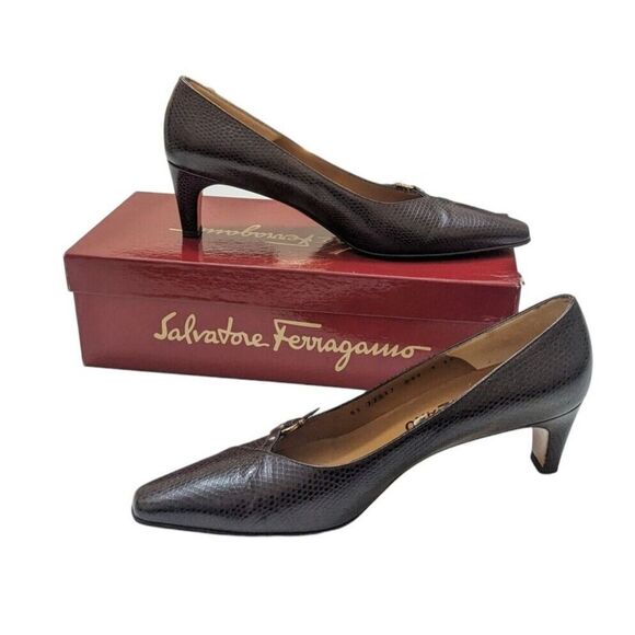 Salvatore Ferragamo Minuetto Black Snake Skin Pumps Heels Size 8 AA‎ With Box